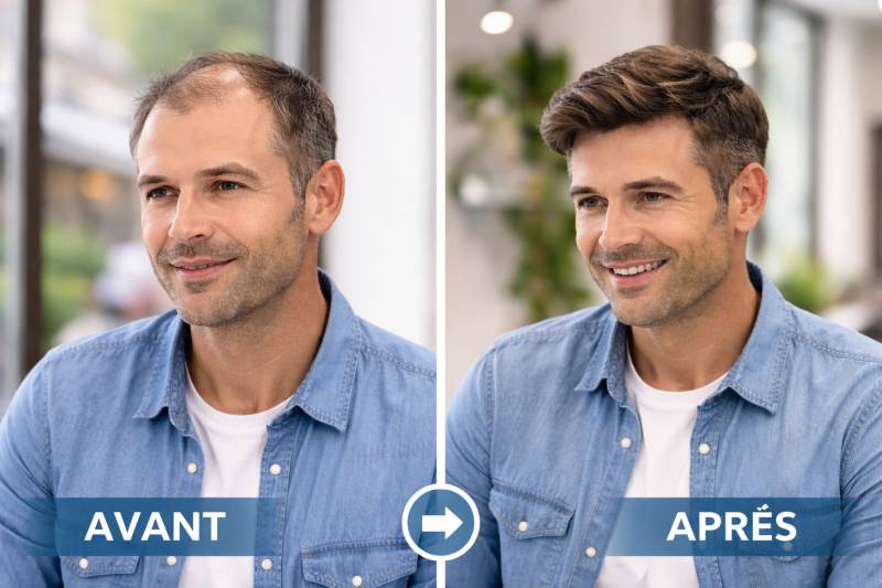 Avant/Après pose d'une Dermofusion® pour homme à Sorgues (84)